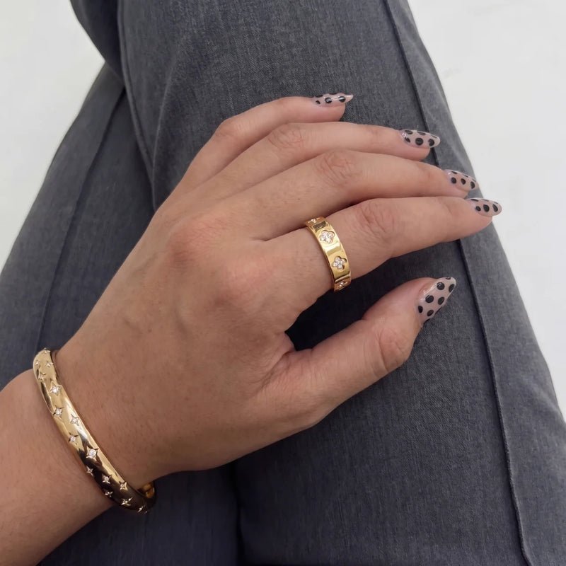 Bague Trèfle - Anneau Pavé Zircon Or